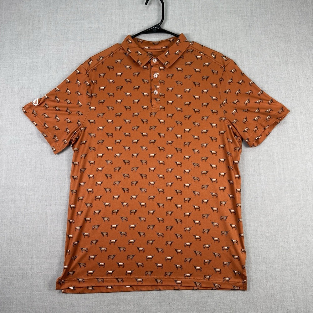Burlebo Polo Shirt Men's Size Medium Orange Cowboy Up Longhorn Performance Golf